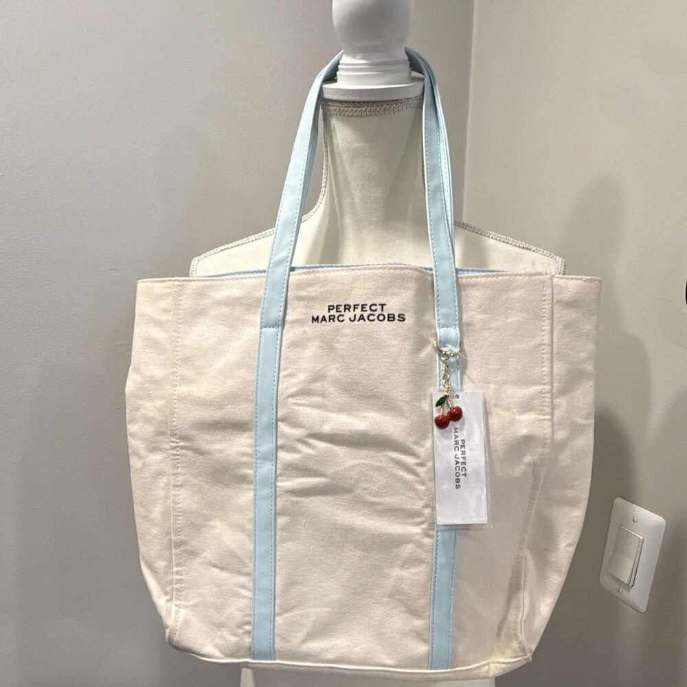 Marc Jacobs Perfect Tote Bag Ivory Light Blue Handles Cherry Charm Gold Hardware